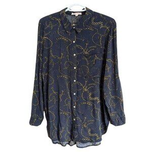 GRAND & GREENE chain print Navy blouse button down shirt adjustable sleeves L @P